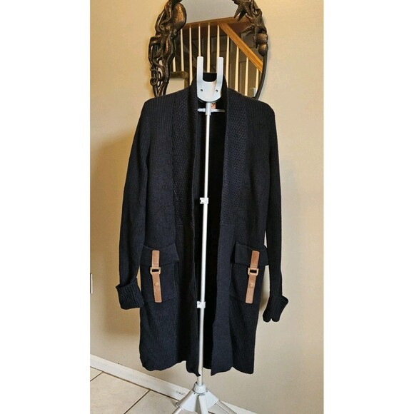 Tory Burch Long Cardigan Women's L Navy Wool Blend Open Front Sweater Coatigan - Picture 1 of 8